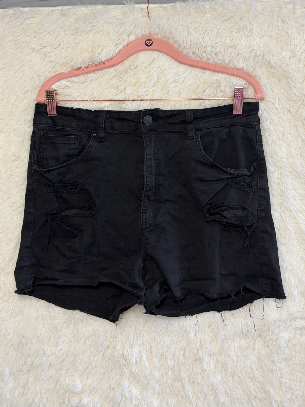 Refuge Womens Grunge Distressed Hi Rise Denim Shorts Size 13 Black Wash Raw Hem